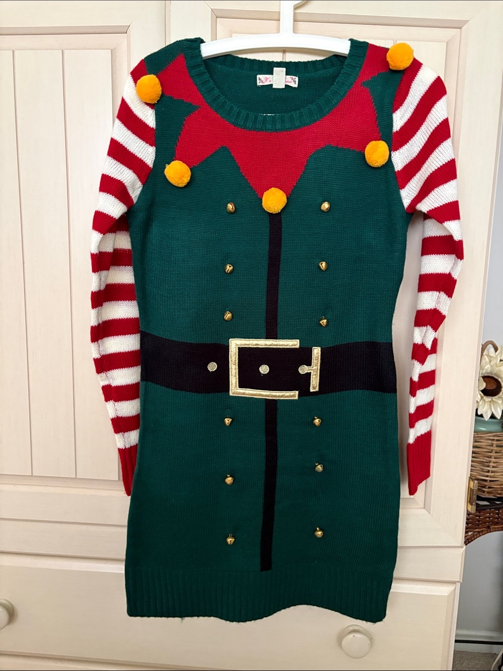 Like new Elf Costume Sweater Dress with Red & White Striped Sleeves